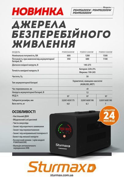 Джерело безперебійного живлення 1500 ВA Sturmax PSM951500SW 2236973729 фото
