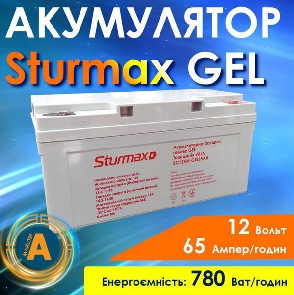Акумуляторна гелева батарея GEL 12B 65 Аг Sturmax BC12VM-GEL65AH 2430368396 фото